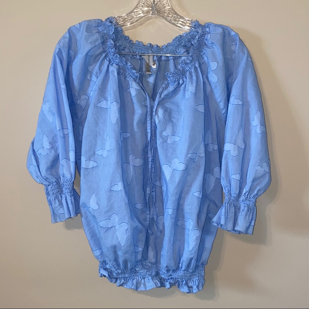 Light Blue Butterfly Puff Sleeve Sheer Mesh Blouse